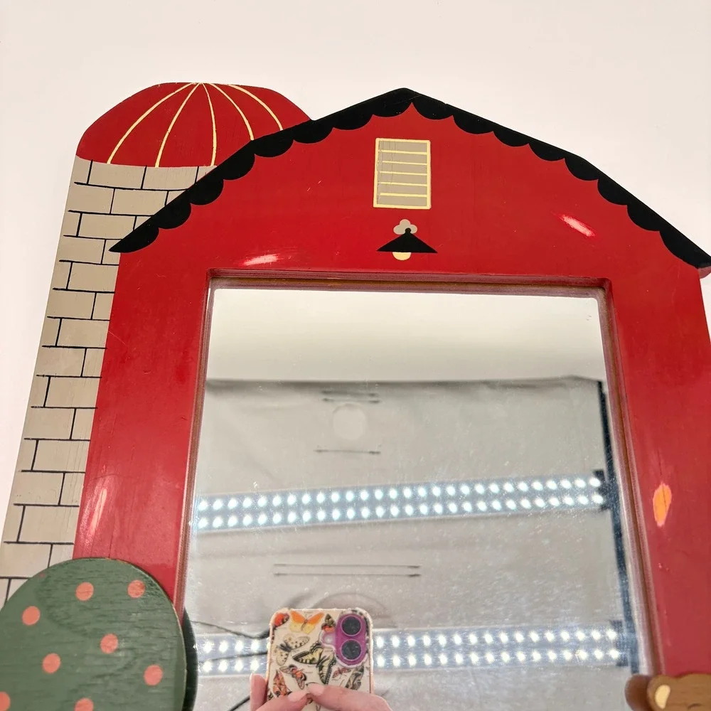 Vintage Red Barn Wood Mirror Farmhouse Nursery Decor Animal Folk Art Wall Mount